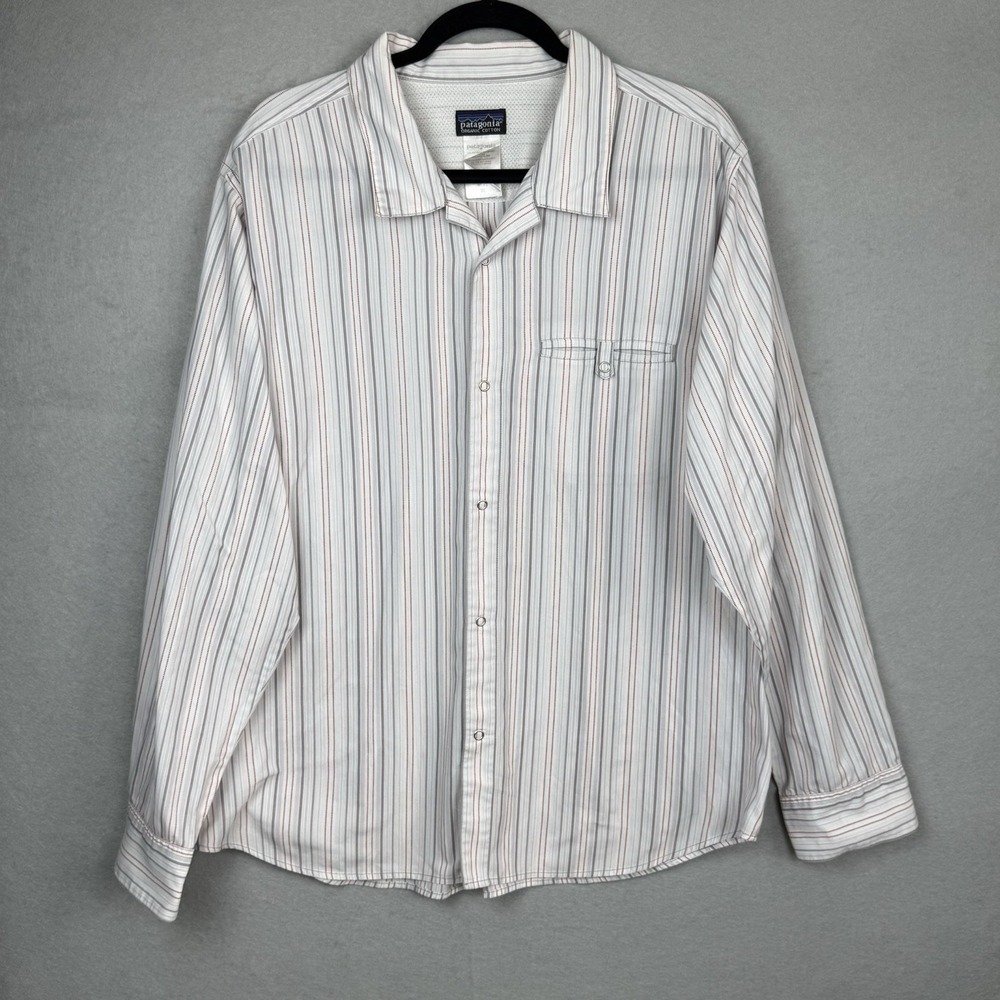 Patagonia Shirt Mens XL Long Sleeve‎ Red Grey Striped Organic Cotton Button Up